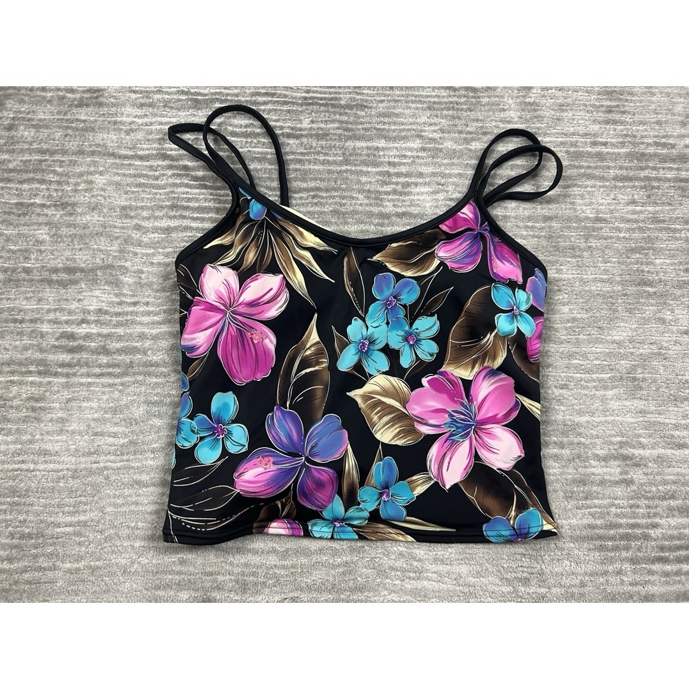 White Stag Tankini Womens Large Black‎ Floral Sleeveless Nylon Blend